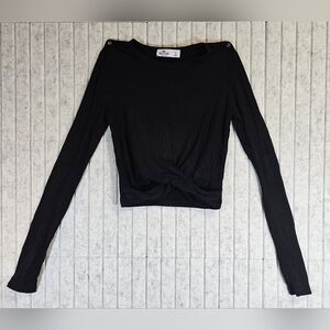 Hollister Black Ribbed Twist Front Long Sleeve Crop Top Size S